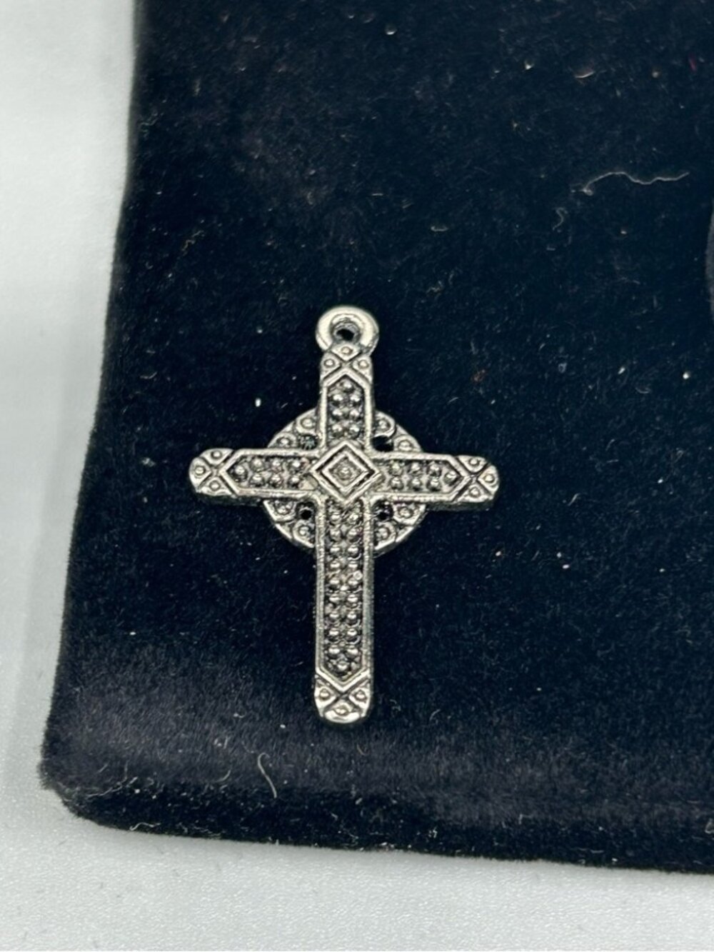 Silver Tone Textured Cross Pendant Marcasite Look Charm - Picture 9 of 9